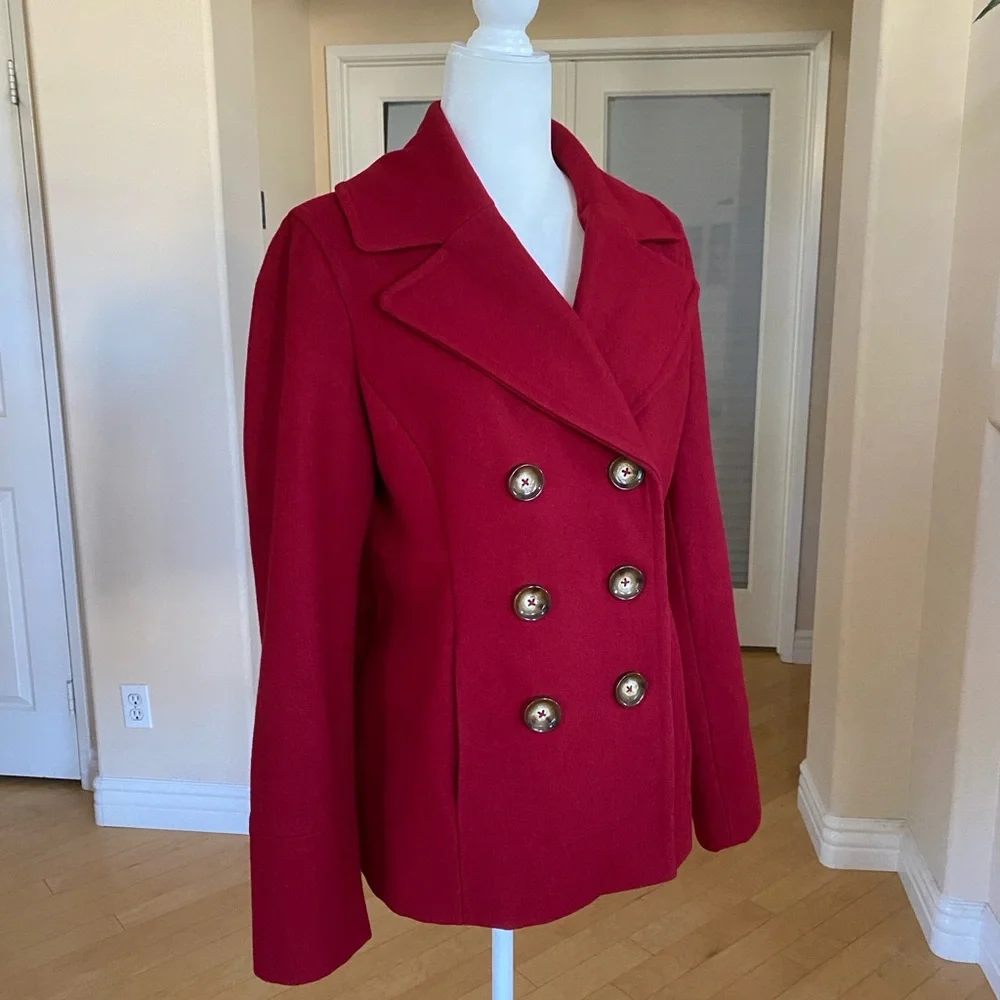 Michael Kors Wool Blend Double Breasted Burgandy Red Pea Coat with Logo Buttons